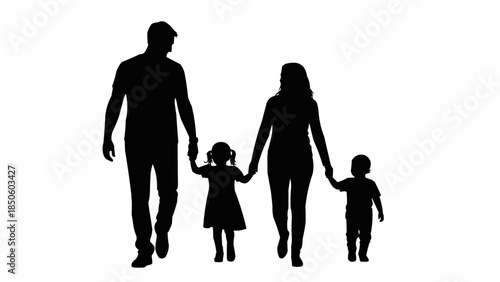 Silhouette of a family walking together holding hands.