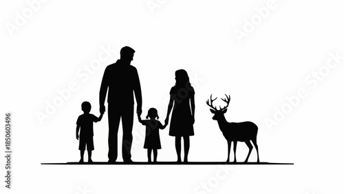 Silhouette of a Family with a Deer Standing Together.