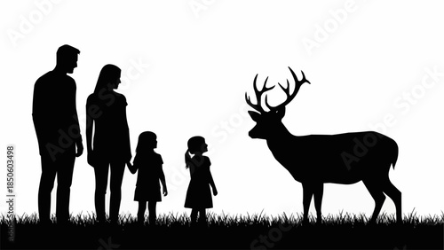 Family encounters majestic deer in silhouette nature scene.
