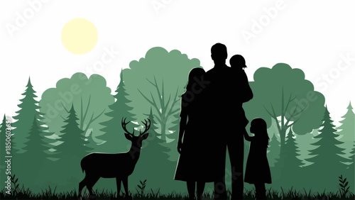 Family Silhouettes Observing Deer in a Forest.