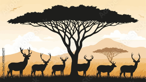 Silhouette of a herd of deer standing under a large acacia tree.