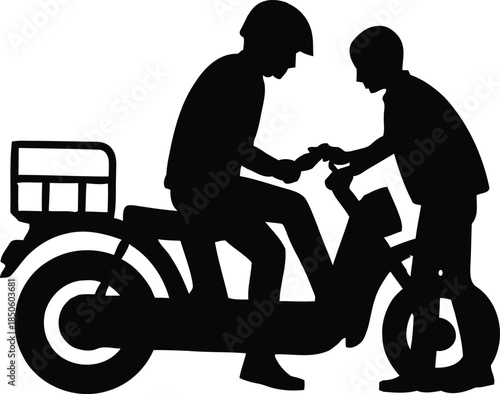 Silhouette of Man Giving Handshake to Boy on Bicycle and Bike Generational Connection Concept 