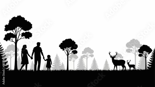 Family walking in nature with deer silhouette illustration.