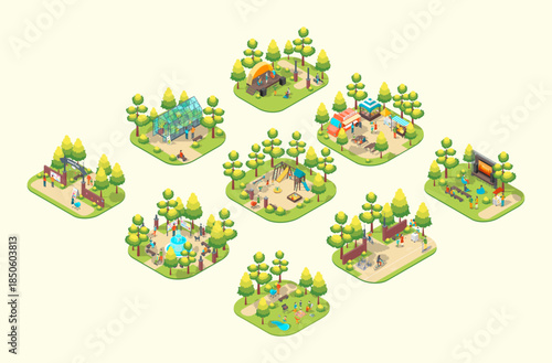 Cartoon Color Summer Park and Fest Concept Open Air Cinema, Street Food, Central Fountain and Cycling Path 3d Isometric View. Vector illustration