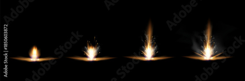 Gun flashes with smoke and fire sparkles. Pistol shots clouds, muzzle shotgun explosion. Blast motion, weapon bullets trails isolated on black background.