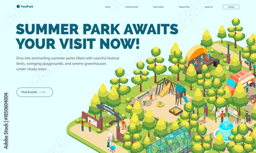 Cartoon Color Summer Park Awaits Your Visit Now Fest Concept Banner 3d Isometric View. Vector illustration