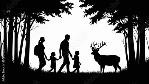 Family walking in forest encounters a majestic deer silhouette.