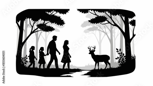Family walking in forest encounters a majestic deer.
