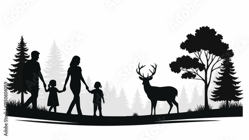 Family walking in forest with deer silhouette.