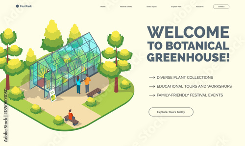 Cartoon Color Welcome to Botanical Greenhouse Summer Park and Fest Concept Banner 3d Isometric View. Vector illustration