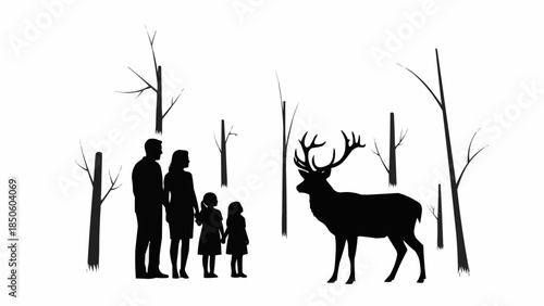 Family encounters majestic stag in a serene forest setting.