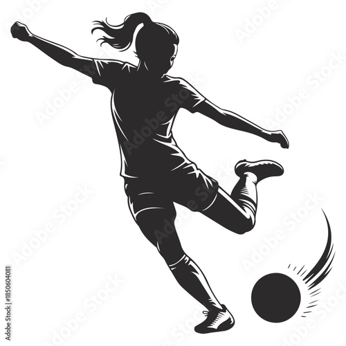 Female soccer player kicking the ball black silhouette