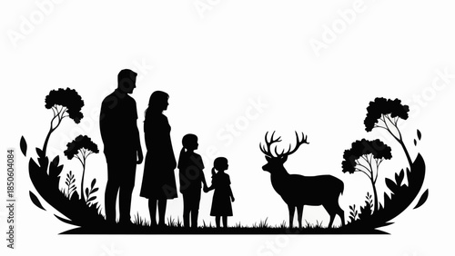 Family Observing a Majestic Deer in a Natural Setting Silhouette.