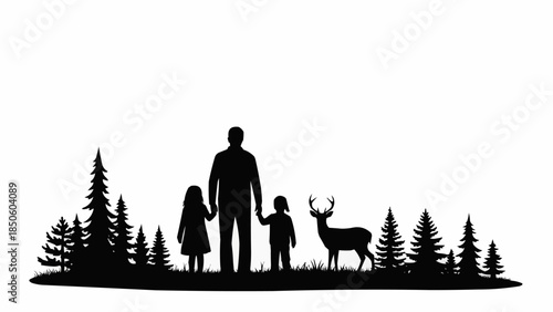 Father and two children with a deer in a forest setting.