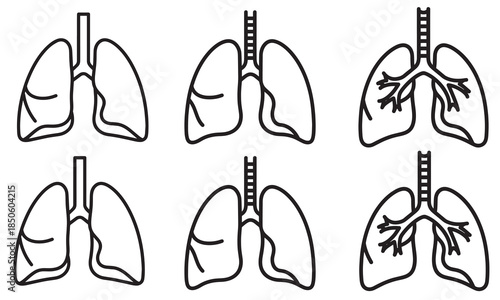 Line art set of human lungs showing various levels of anatomical detail for medical icons