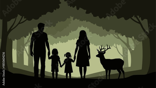 Family Silhouette with Deer in Forest.