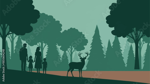 Family walking in forest encounters a deer.