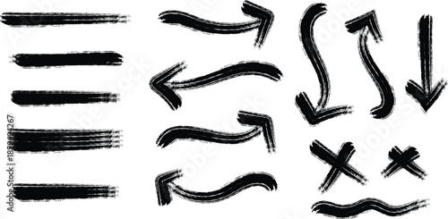 Collection of black brush stroke arrows and lines on white background