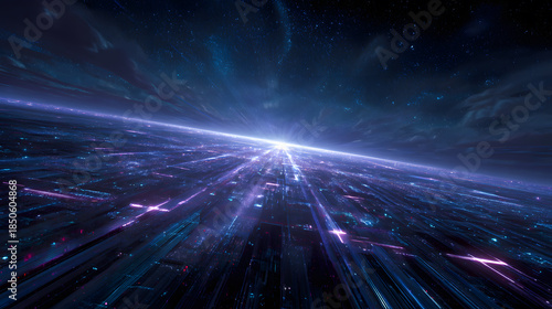 Cosmic Cityscape: An awe-inspiring perspective of a city merging with a galaxy, the image captures a surreal and futuristic metropolis illuminated by radiant streaks of light.