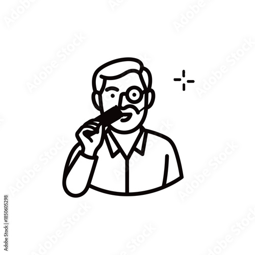 Line art illustration of a man with a monocle examining an object.