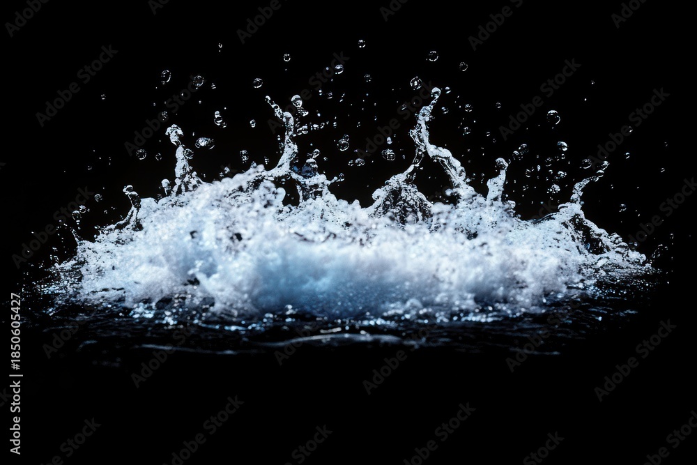 Obraz premium dramatic blue water splash with flying droplets and foamy spray against a black background conveying energy and motion