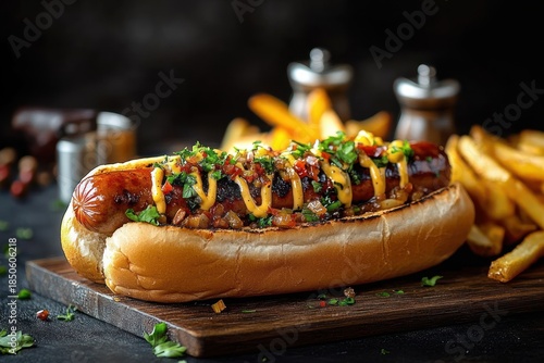 Grilled sausage hot dog in soft toasted bun topped with diced salsa, mustard drizzle and fresh herbs, served with golden french fries on a wooden board, appetizing and savory