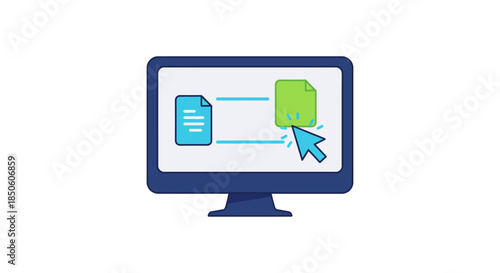 file transfer icon on computer monitor drag and drop cursor moving document between folders concept for data sharing and backup apps