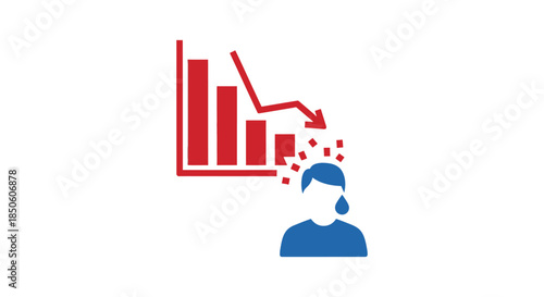 financial crisis stress icon showing falling bar chart and worried person illustrating market downturn loss risk and economic anxiety