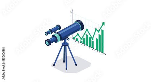 financial forecast concept with telescope on tripod observing rising stock market chart and growth analytics for investment strategy
