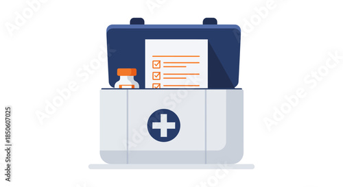 first aid kit illustration with medical checklist and vaccine bottle on white background concept for emergency preparedness guide