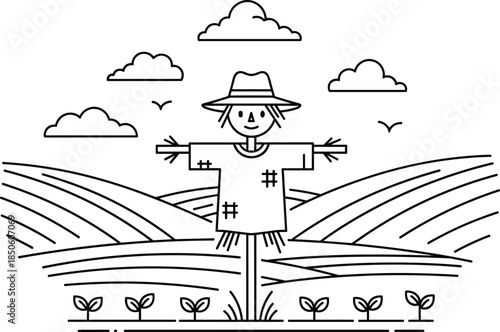 Scarecrow line art illustration in farmland fields, rural agriculture scene with crops and clouds, simple outline design for kids coloring, cad drawing flat vector illustration