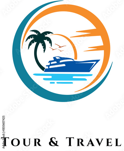 Vibrant tropical tour and travel logo featuring a serene beach and boat journey
