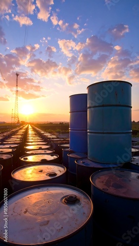 Oil barrels stacked against a sunset sky