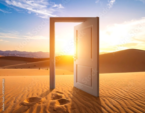 Open door in desert at sunset, inviting exploration and new horizons