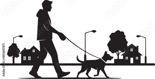 Man Walking Dog in Neighborhood Silhouette Illustration