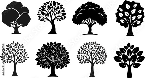 Diverse collection of stylized tree silhouettes in black, showcasing various arboreal forms and natural designs suitable for graphic projects and ecological themes and elements