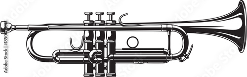 Black silhouette of a trumpet on a white background Keywords: trumpet, musical instrument, brass, instrument, music, sound, melody, orchestra