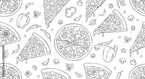 Delicious pizza slices and whole pizzas line art pattern.