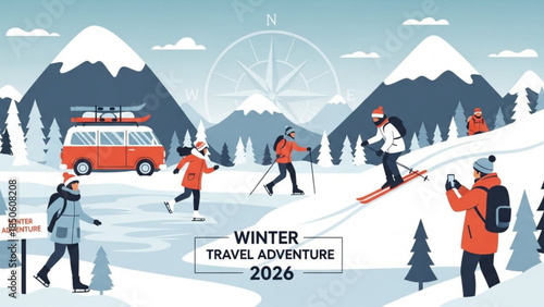 Winter travel adventure 2026 people skiing ice skating mountains