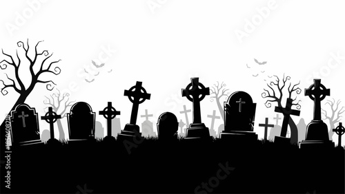 Silhouette of a spooky graveyard with tombstones and crosses.