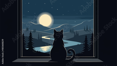 Silhouette of a cat sitting on a windowsill looking out at a moonlit landscape.