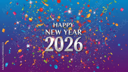 Vibrant happy new year 2026 celebration background with colorful confetti and sparkling stars