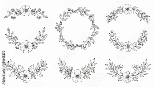 Set of six delicate floral wreaths and borders hand-drawn in a sketchy style.