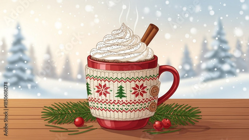 Festive holiday mug with whipped cream and cinnamon on a wooden table with pine branches and red