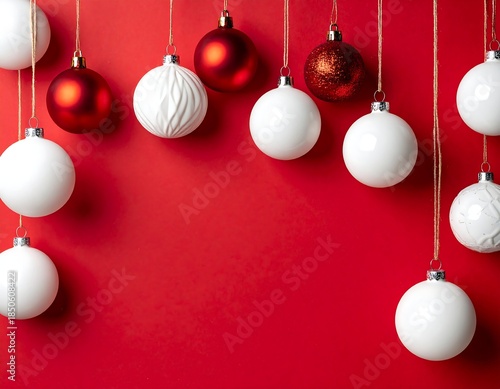 Ornaments suspended with string on a brilliant red background