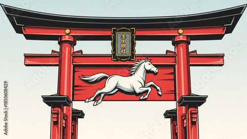 Vibrant red japanese torii gate with white horse emblem and asian characters on gray background
