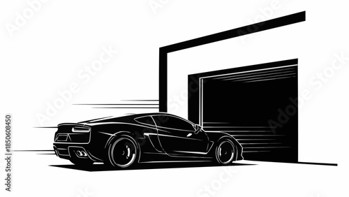 Sleek Black Sports Car Emerging from Garage.
