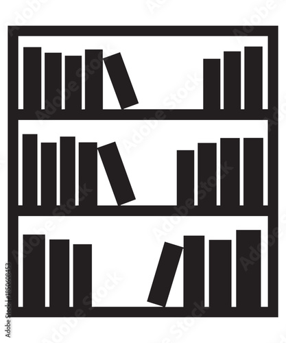 Black and white simple icon design featuring a bookshelf with multiple books on three shelves