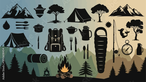 Camping and Outdoor Adventure Gear Collection Silhouette.
