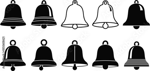 Vector Illustration Set of Bell Silhouettes, Featuring Various Traditional Hand Bell and Service Bell Shapes for Notification, Alert, and Christmas Holiday Concepts,